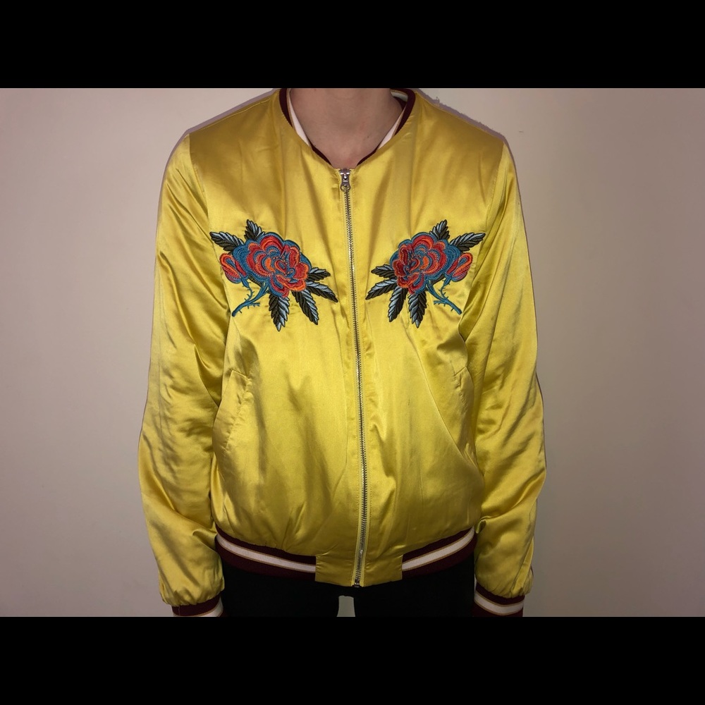 Yellow Bomber Jacket with Rose Emblems